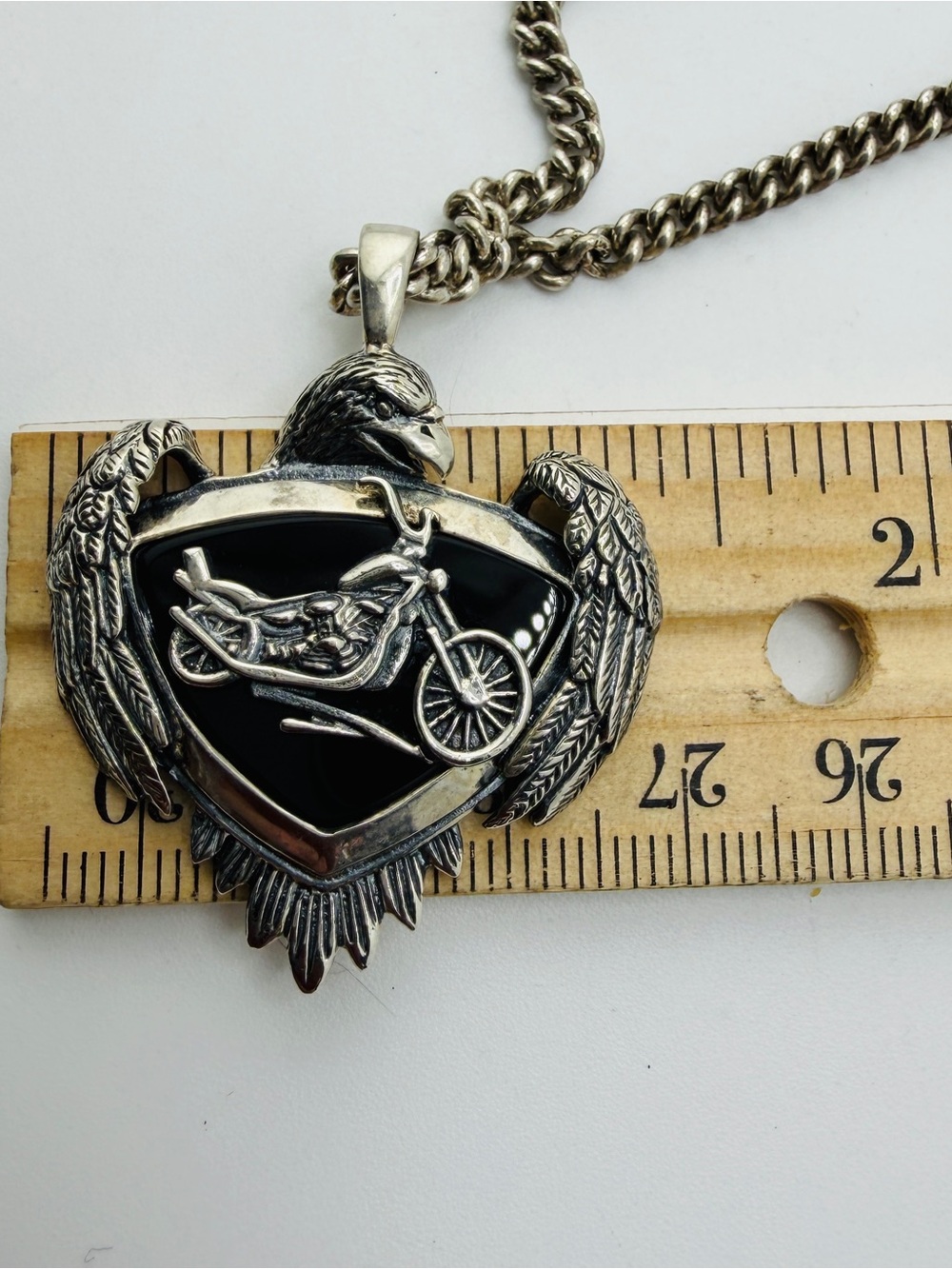 Vintage Silver Eagle Motorcycle Pendant Necklace - Black Accent Men’s Womens - Picture 10 of 11